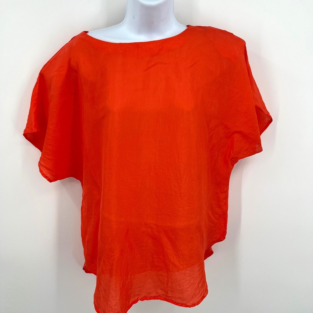 Vintage 90s 100% Silk Boxy Short Sleeve Blouse Angela Tong Size 14 Coral Red